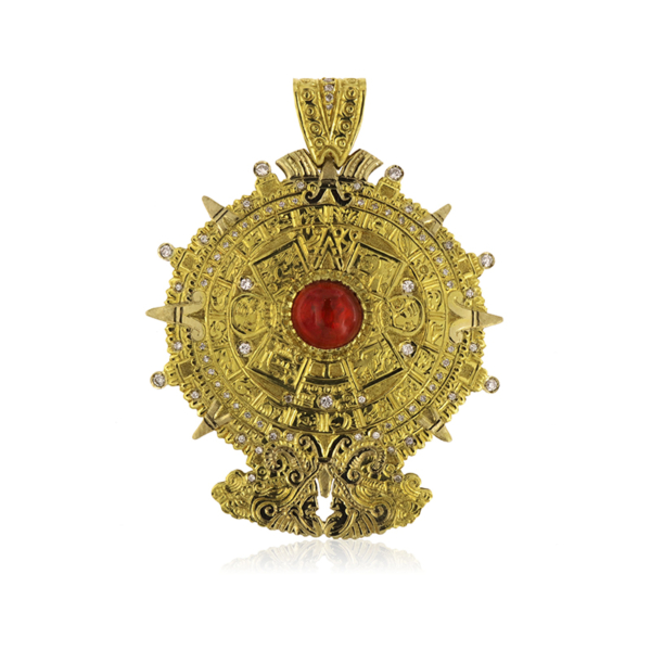 Calendario Azteco in oro giallo e bianco, simbolo di storia e prestigio.