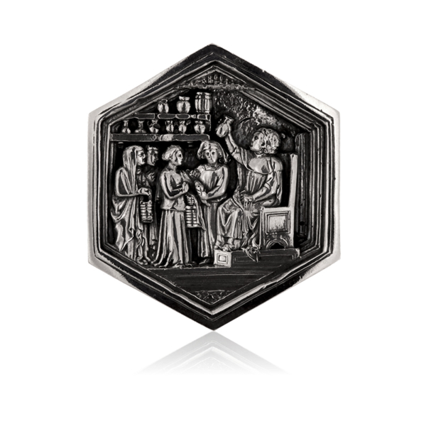 Formella la Medicina, simbolo di scienza e guarigione.