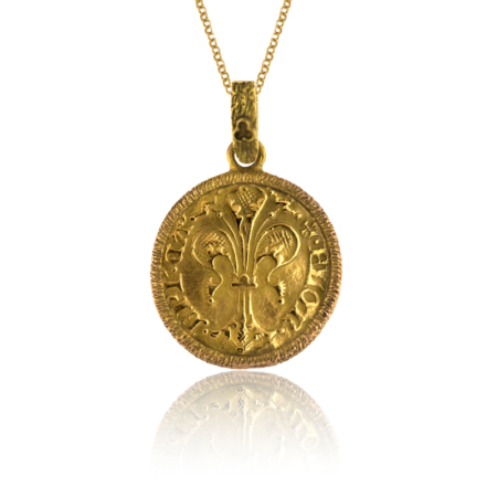 Pendente fiorino d'oro giallo 18kt con cornice in oro gialla piccola fronte