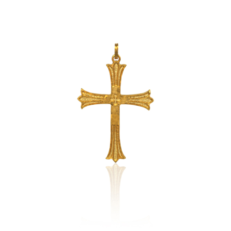 Croce Fiorita dorata con motivi floreali e piccola croce centrale.